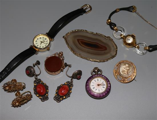 Small quantity of jewellery including gold fob seal and enamel fob watch